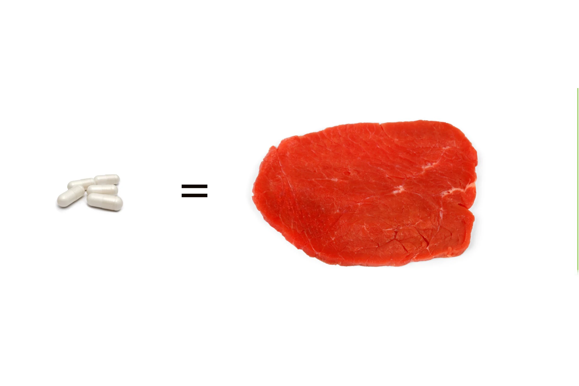 Man sieht fünf kleine weiße Kapseln und daneben ein Stück rotes Fleisch. Das Bild zeigt Moretti Kapseln und das fünf Stück davon so viel Eiweiß enthalten wie ein kleines Steak.